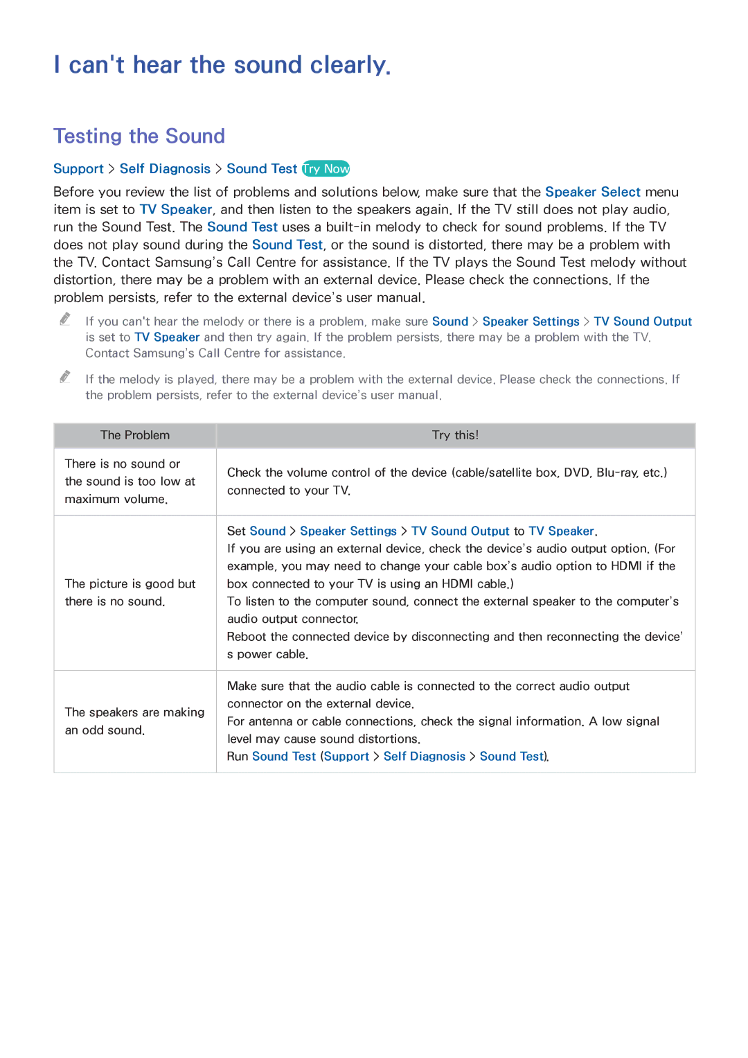 Samsung UA48H5562AKXXV manual Cant hear the sound clearly, Testing the Sound, Support Self Diagnosis Sound Test Try Now 