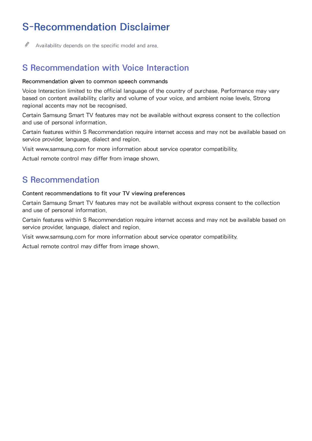 Samsung UA48H6400AWXSQ, UA65H6400AWXSQ, UA40H5552AKXXV Recommendation Disclaimer, Recommendation with Voice Interaction 