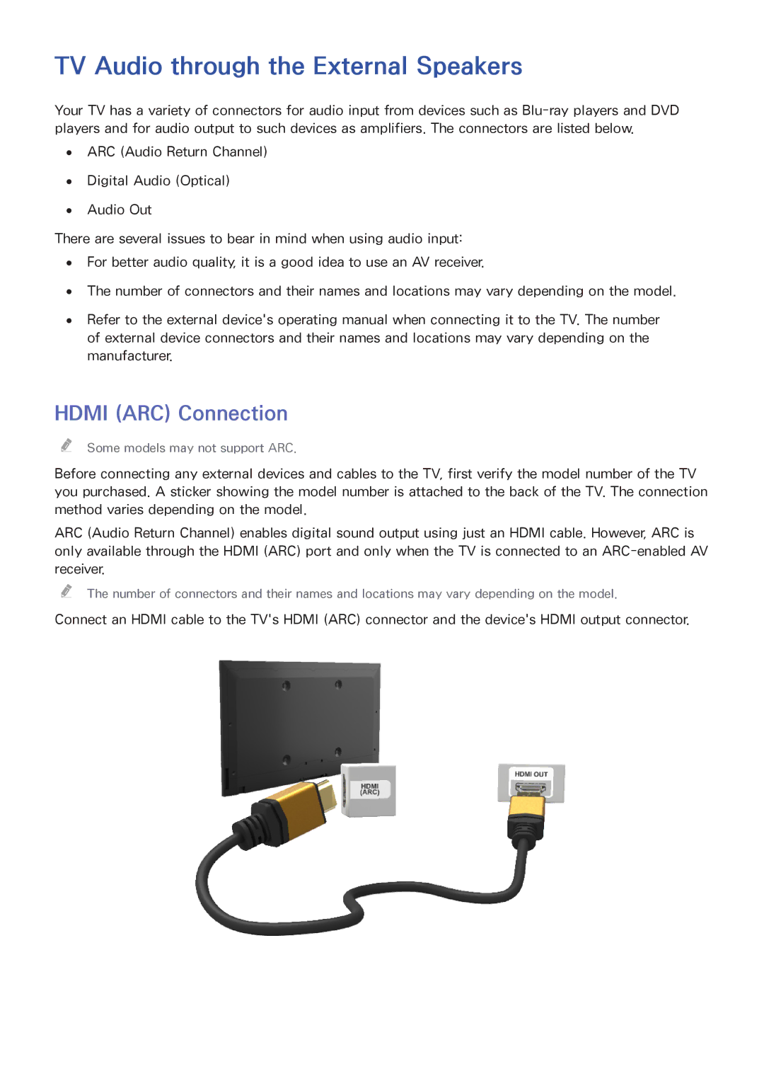 Samsung UA55H6400AWXSQ, UA65H6400AWXSQ, UA40H5552AKXXV manual TV Audio through the External Speakers, Hdmi ARC Connection 