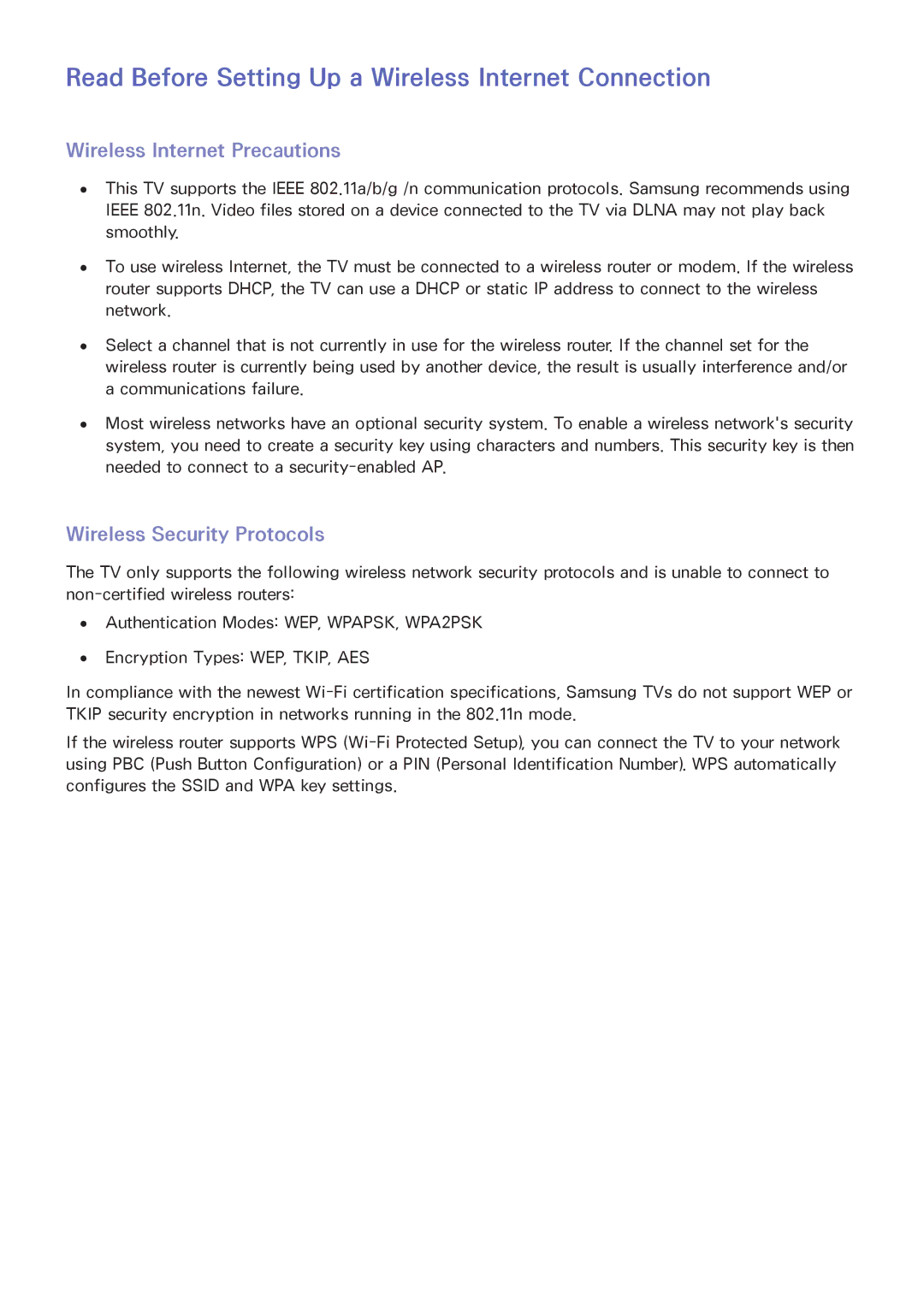 Samsung UA48H6300AKXXV manual Read Before Setting Up a Wireless Internet Connection, Wireless Internet Precautions 