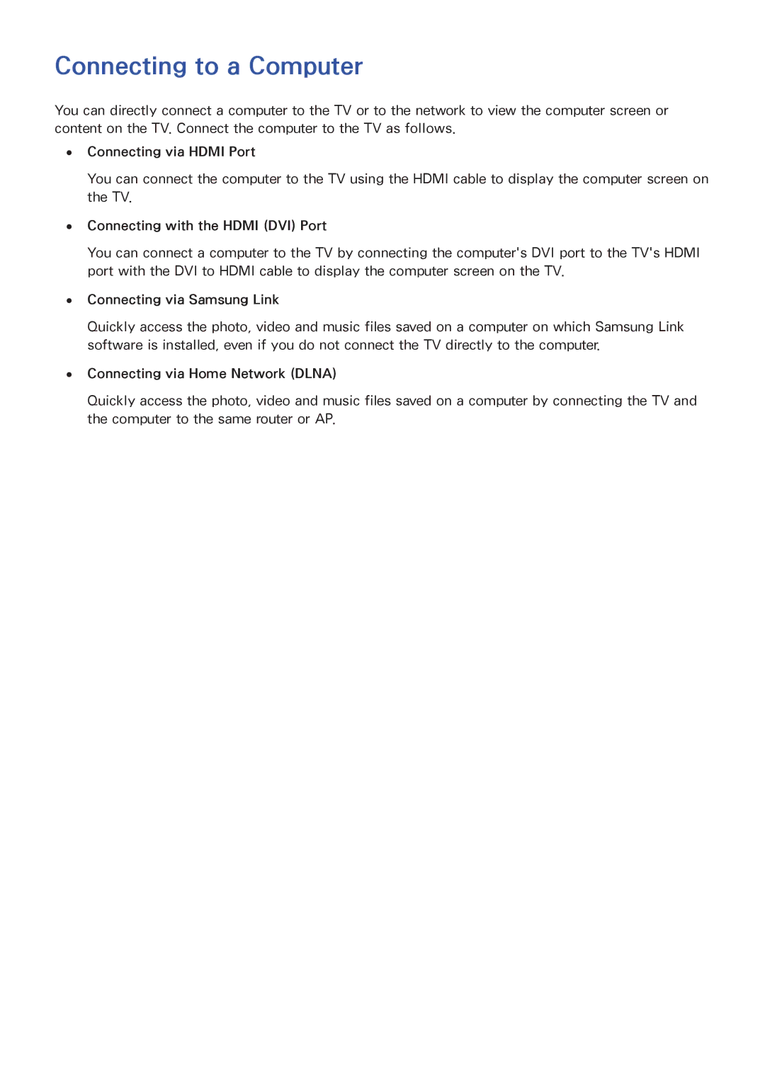 Samsung UA48H6400AWXSQ, UA65H6400AWXSQ, UA40H5552AKXXV, UA48H6300AKXXV, UA40H5510AKXXV manual Connecting to a Computer 