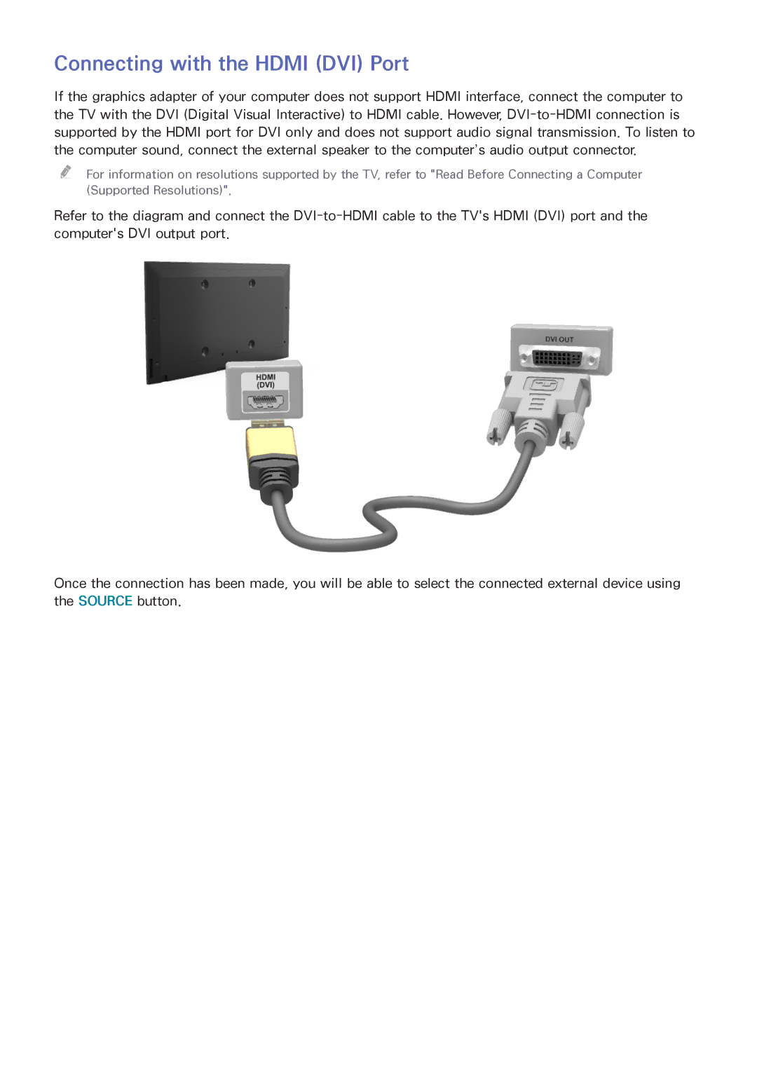 Samsung UA75H6400AWXSQ, UA65H6400AWXSQ, UA40H5552AKXXV, UA48H6300AKXXV, UA40H5510AKXXV manual Connecting with the Hdmi DVI Port 