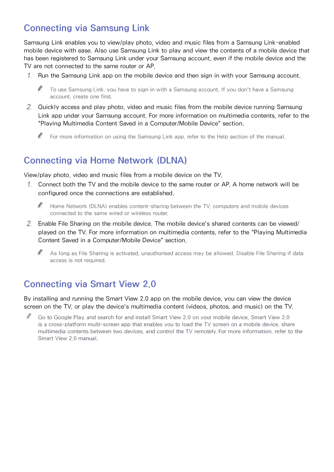 Samsung UA32H4500AWXSQ, UA65H6400AWXSQ, UA40H5552AKXXV manual Connecting via Samsung Link, Connecting via Smart View 