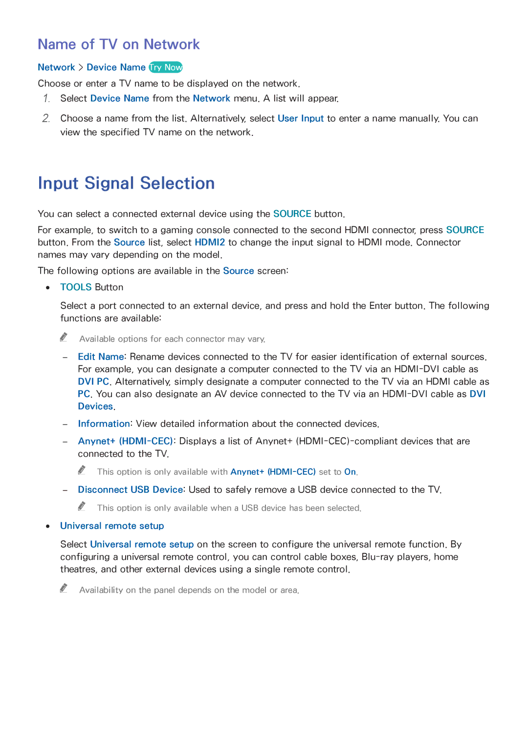 Samsung UA75H7000AWXSQ Input Signal Selection, Name of TV on Network, Network Device Name Try Now, Universal remote setup 