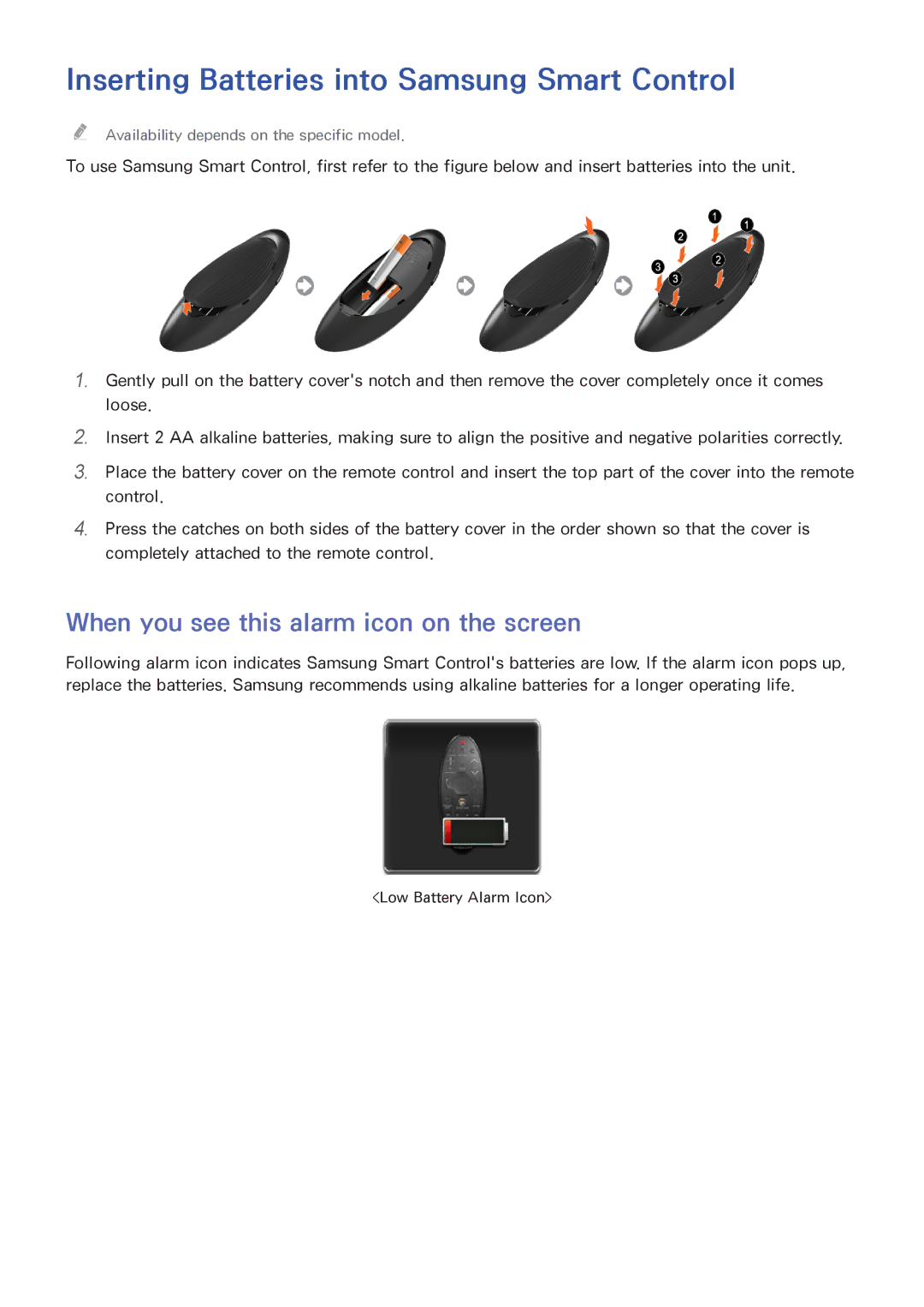 Samsung UA48H6800AWXSQ manual Inserting Batteries into Samsung Smart Control, When you see this alarm icon on the screen 