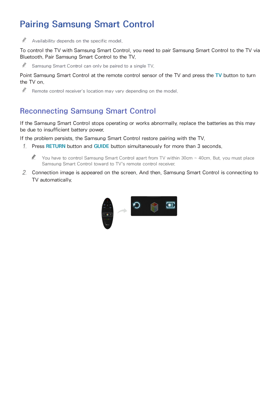 Samsung UA55H7000AWXSQ, UA65H6400AWXSQ, UA40H5552AKXXV Pairing Samsung Smart Control, Reconnecting Samsung Smart Control 