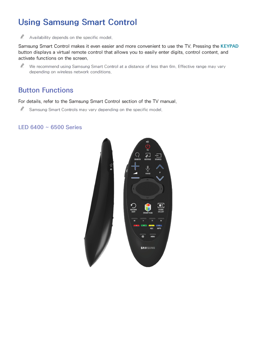 Samsung UA40H6300AWXSQ, UA65H6400AWXSQ manual Using Samsung Smart Control, Button Functions, LED 6400 ~ 6500 Series 