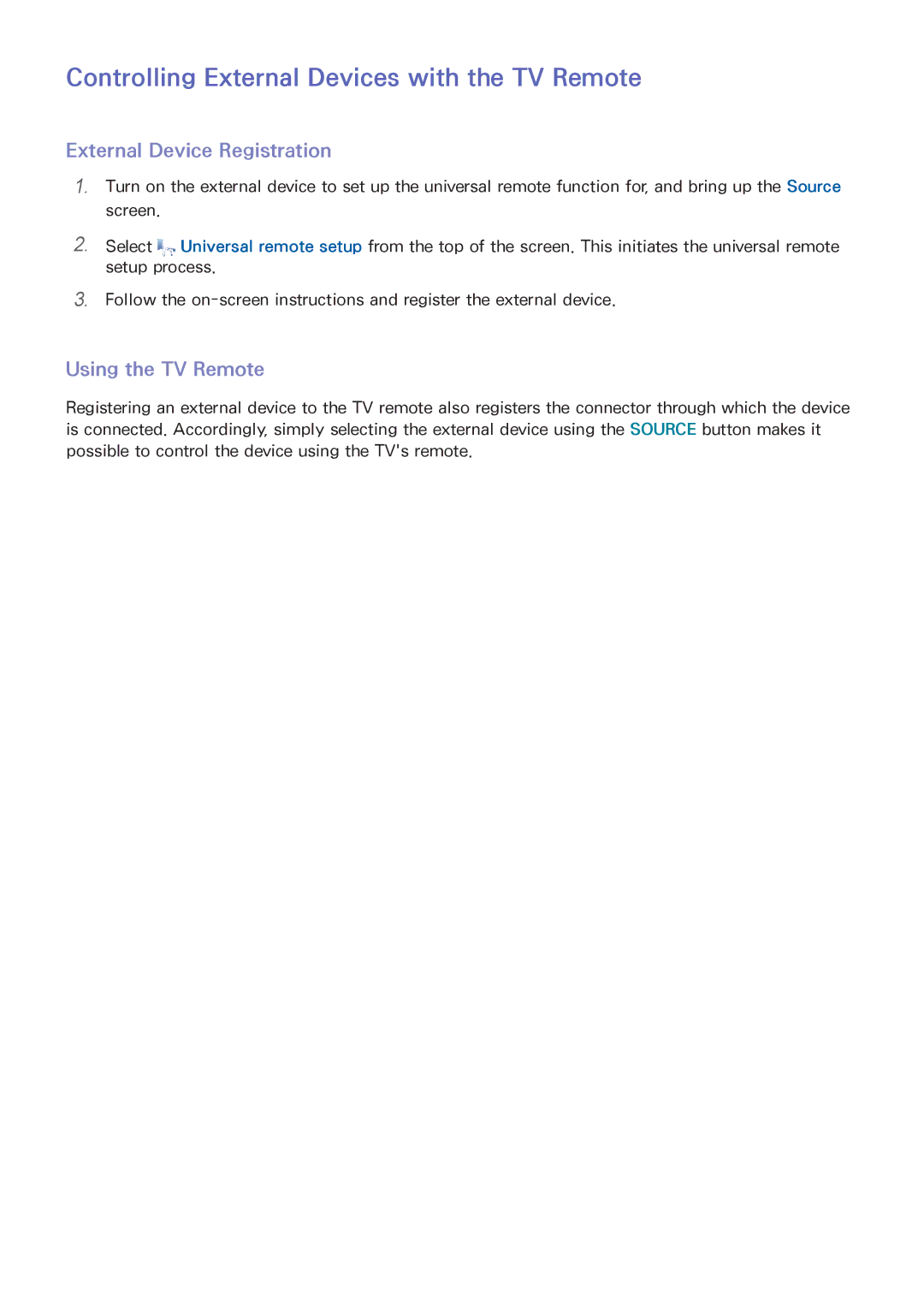 Samsung UA48H5562AKXXV Controlling External Devices with the TV Remote, External Device Registration, Using the TV Remote 