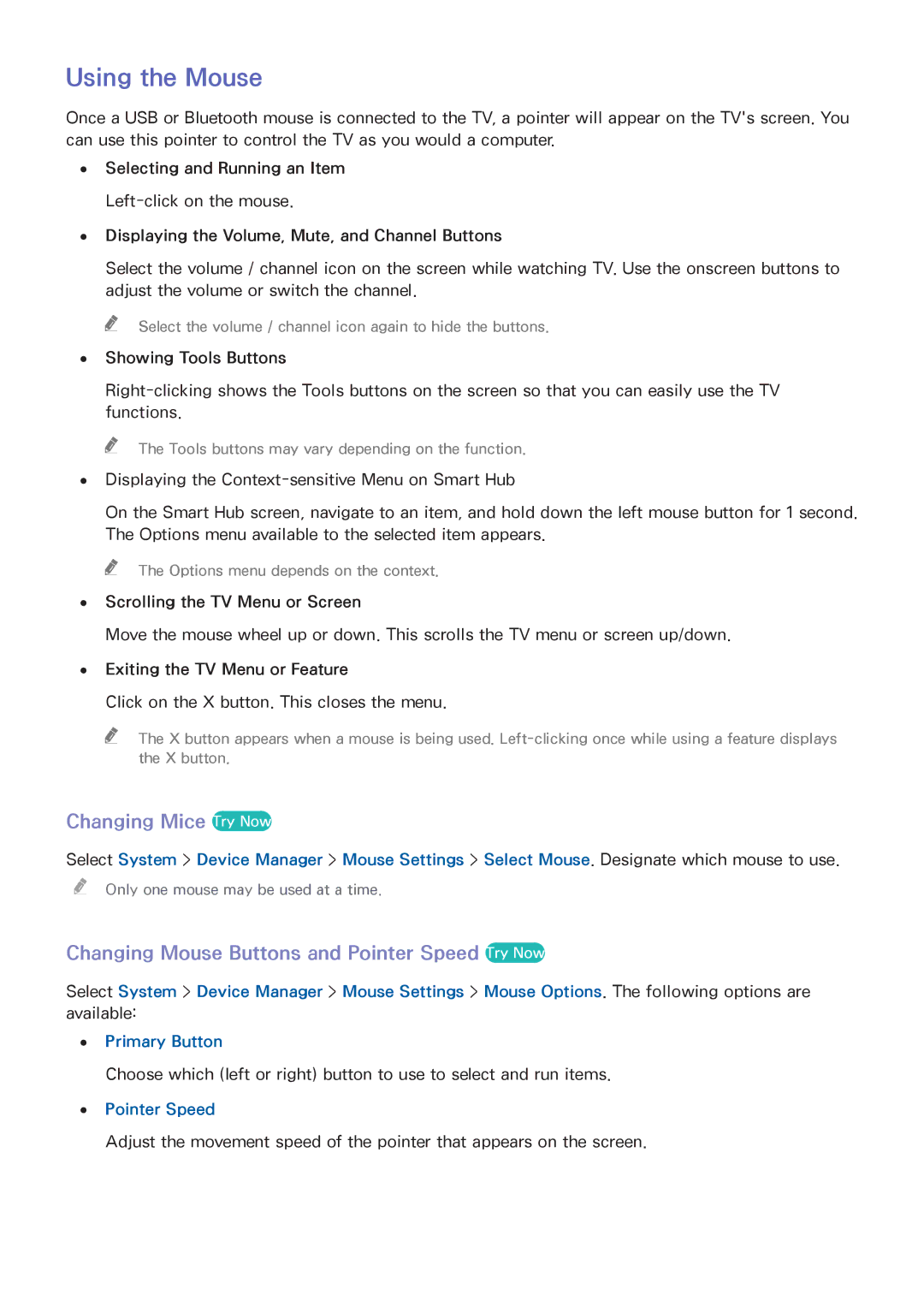 Samsung UA55H7000AKXXV manual Using the Mouse, Changing Mice Try Now, Changing Mouse Buttons and Pointer Speed Try Now 