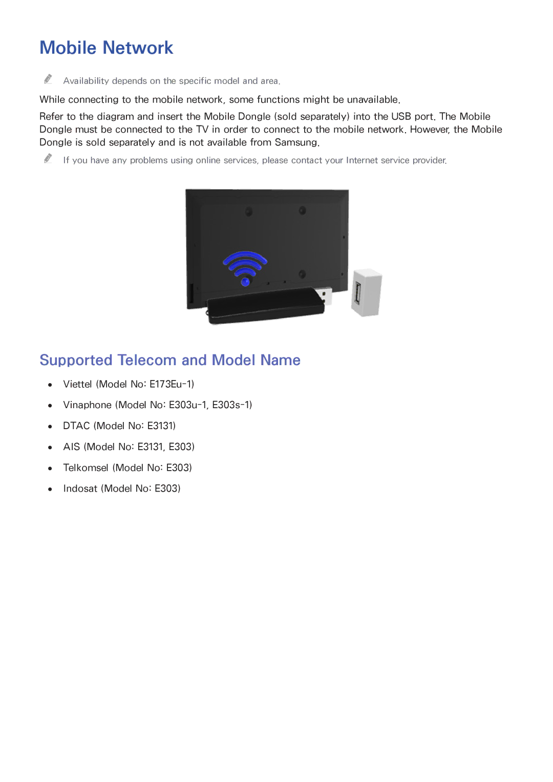 Samsung UA48H6400AWXSQ, UA65H6400AWXSQ, UA40H5552AKXXV, UA48H6300AKXXV manual Mobile Network, Supported Telecom and Model Name 