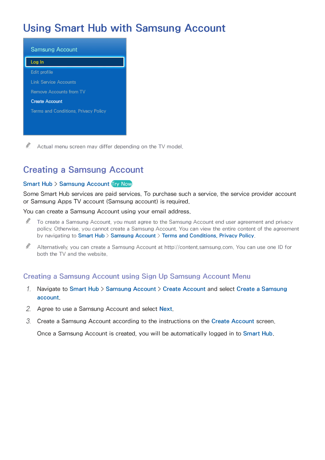 Samsung UA55H8000AWXSQ Using Smart Hub with Samsung Account, Creating a Samsung Account, Smart Hub Samsung Account Try Now 