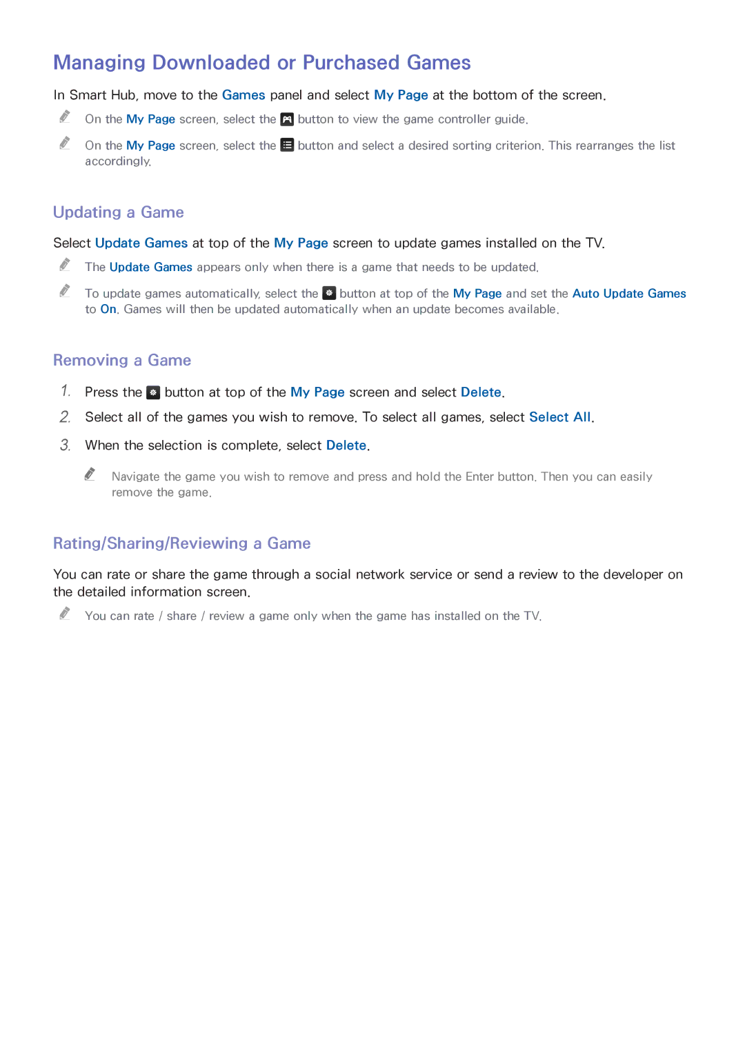 Samsung UA40H5552AKXXV, UA65H6400AWXSQ manual Managing Downloaded or Purchased Games, Updating a Game, Removing a Game 