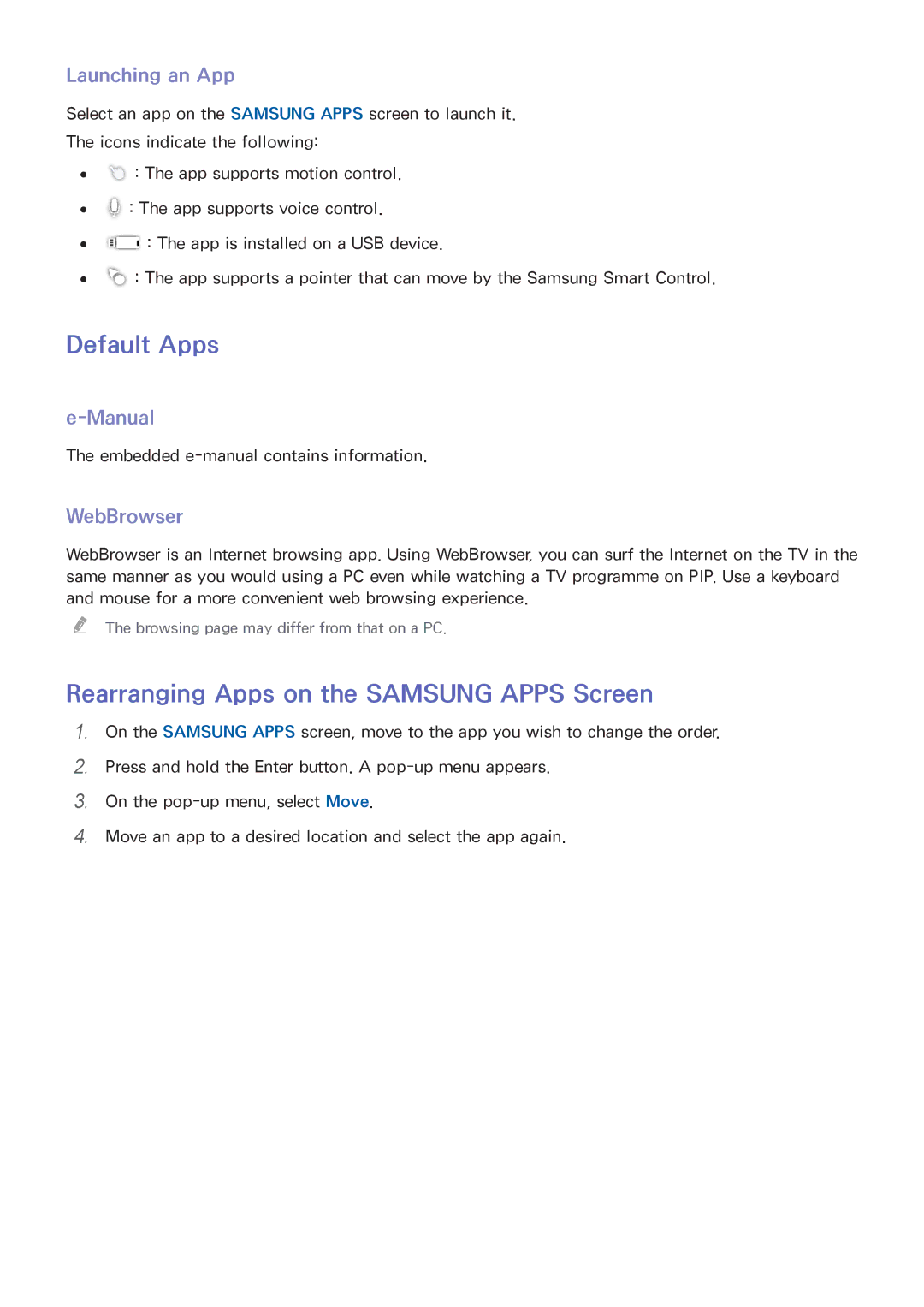 Samsung UA50HU7000KXXV Default Apps, Rearranging Apps on the Samsung Apps Screen, Launching an App, Manual, WebBrowser 