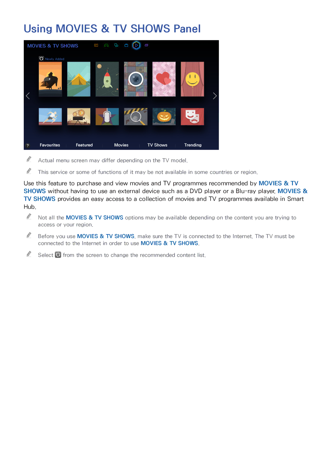 Samsung UA48H5552AKXXV, UA65H6400AWXSQ, UA40H5552AKXXV, UA48H6300AKXXV, UA40H5510AKXXV manual Using Movies & TV Shows Panel 