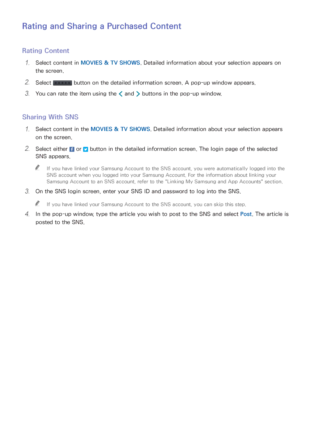 Samsung UA55H6400AKXXV, UA65H6400AWXSQ manual Rating and Sharing a Purchased Content, Rating Content, Sharing With SNS 