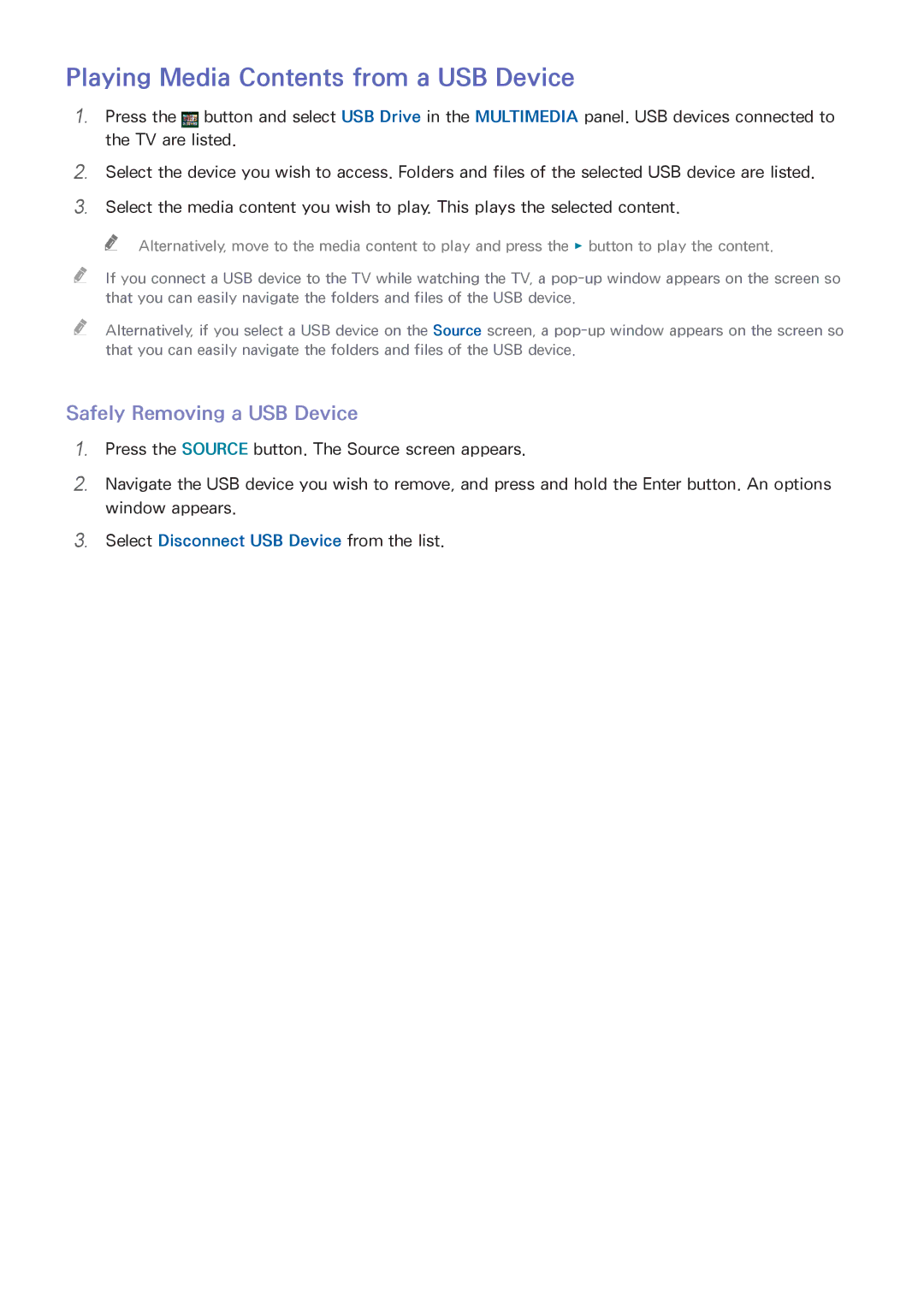 Samsung UA48H5510AKXXV, UA65H6400AWXSQ, UA40H5552AKXXV, UA48H6300AKXXV manual Playing Media Contents from a USB Device 