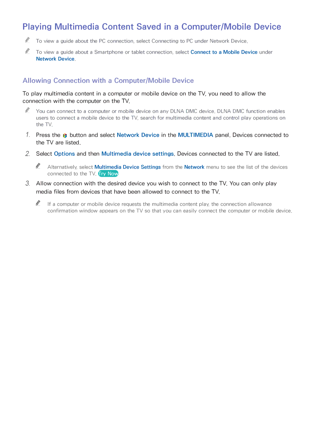 Samsung UA60H6400AKXXV, UA65H6400AWXSQ, UA40H5552AKXXV manual Playing Multimedia Content Saved in a Computer/Mobile Device 