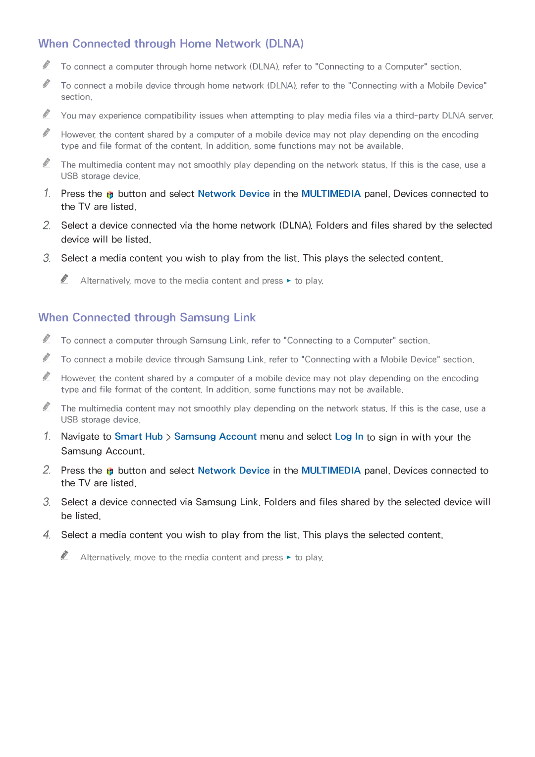 Samsung UA65H7000AKXXV, UA65H6400AWXSQ manual When Connected through Home Network Dlna, When Connected through Samsung Link 