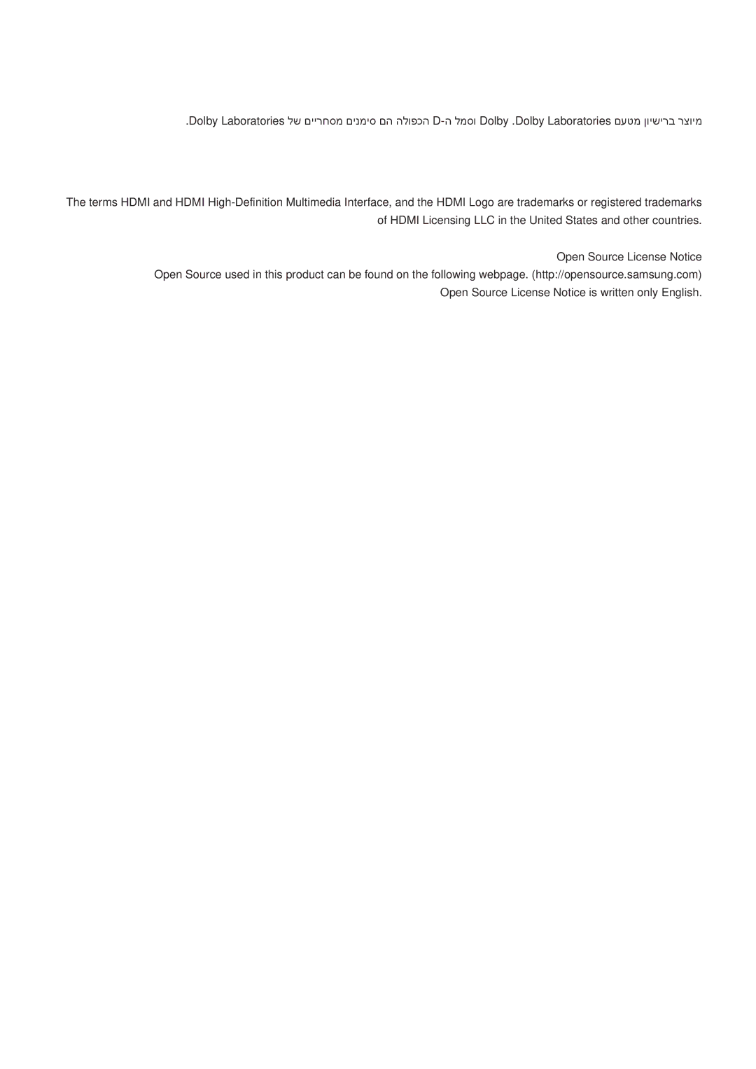 Samsung UA60H6300AWXSQ, UA65H6400AWXSQ, UA55H6400AWXSQ, UA48H5500AWXSQ Open Source License Notice is written only English 