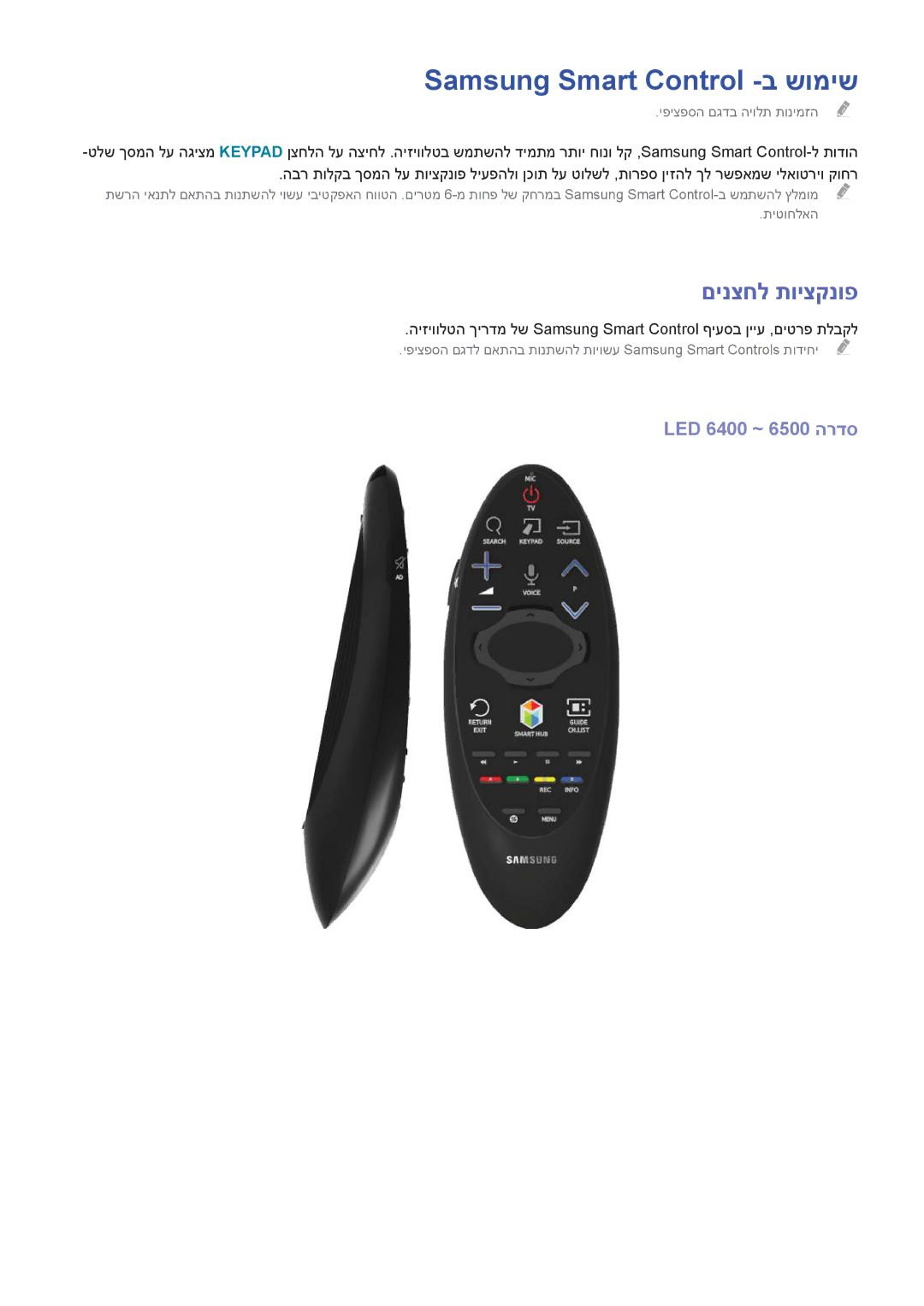 Samsung UA48H6400AWXSQ, UA65H6400AWXSQ manual Samsung Smart Control -ב שומיש, םינצחל תויצקנופ, LED 6400 ~ 6500 הרדס 