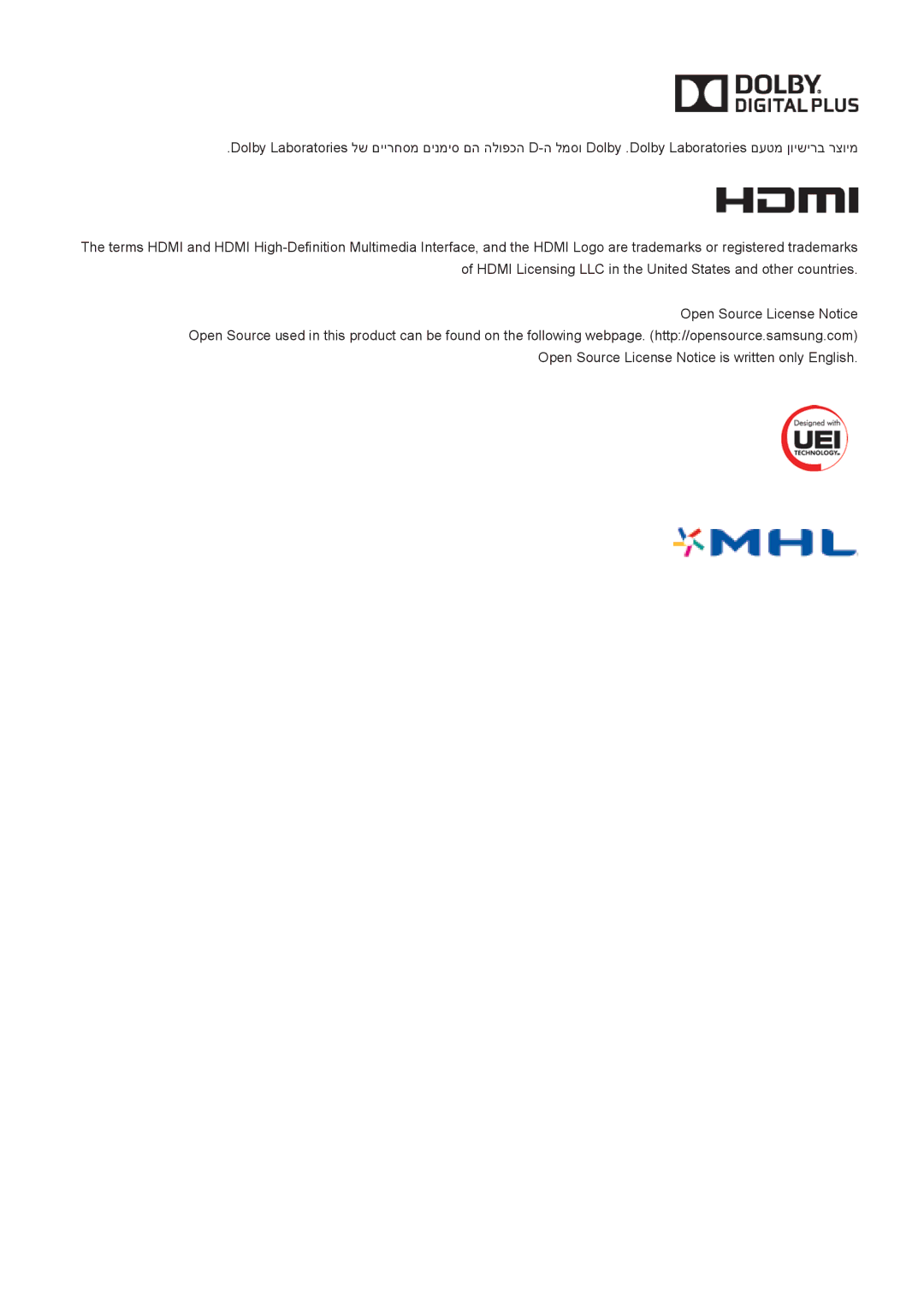 Samsung UA65HU7200WXSQ, UA55HU7000WXSQ, UA55HU7200WXSQ, UA48HU8500WXSQ Open Source License Notice is written only English 