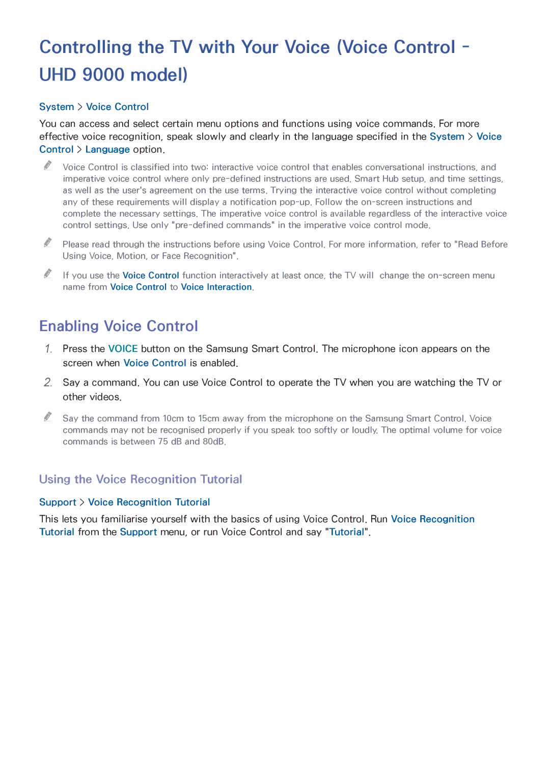 Samsung UA78HU9000KXXV, UA65HU9000KXXV Enabling Voice Control, Using the Voice Recognition Tutorial, System Voice Control 