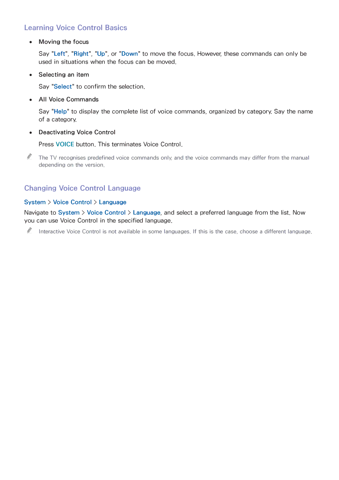 Samsung UA55HU9000WXSQ manual Learning Voice Control Basics, Changing Voice Control Language, System Voice Control Language 