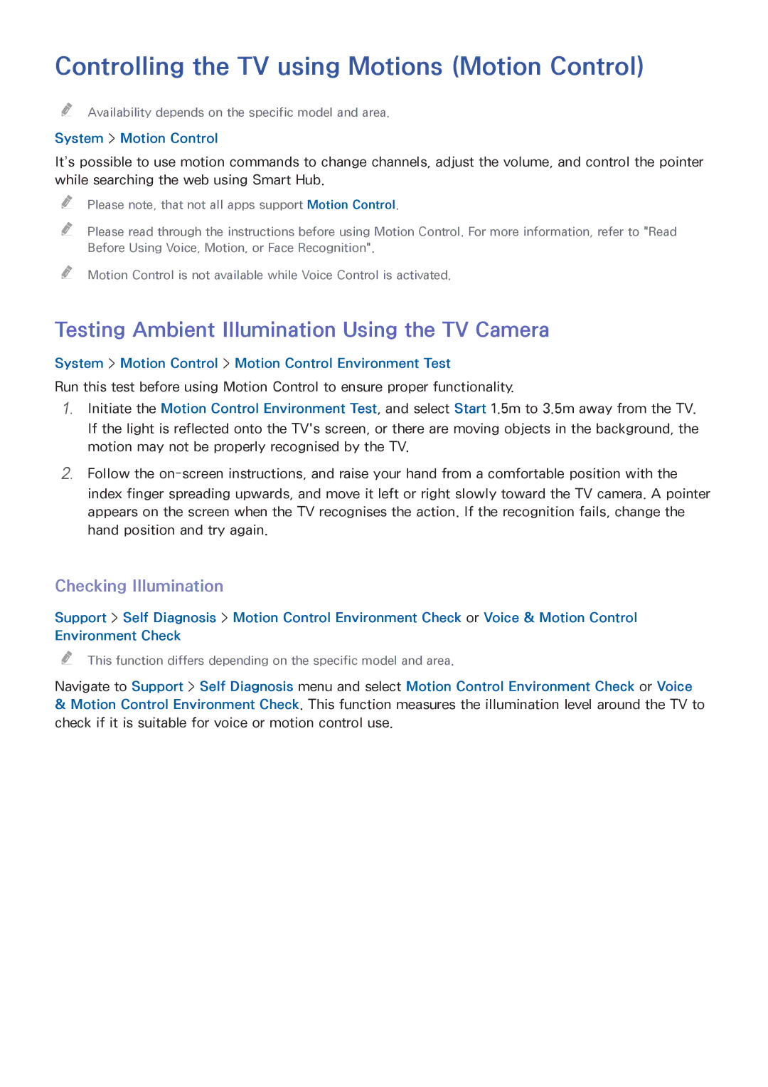 Samsung UA78HU9000WXSQ Controlling the TV using Motions Motion Control, Testing Ambient Illumination Using the TV Camera 