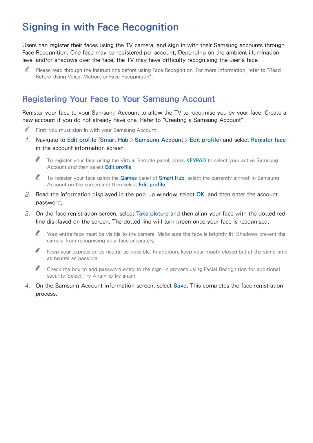 Samsung UA65HU9000KXXV, UA55HU9000KXXV Signing in with Face Recognition, Registering Your Face to Your Samsung Account 