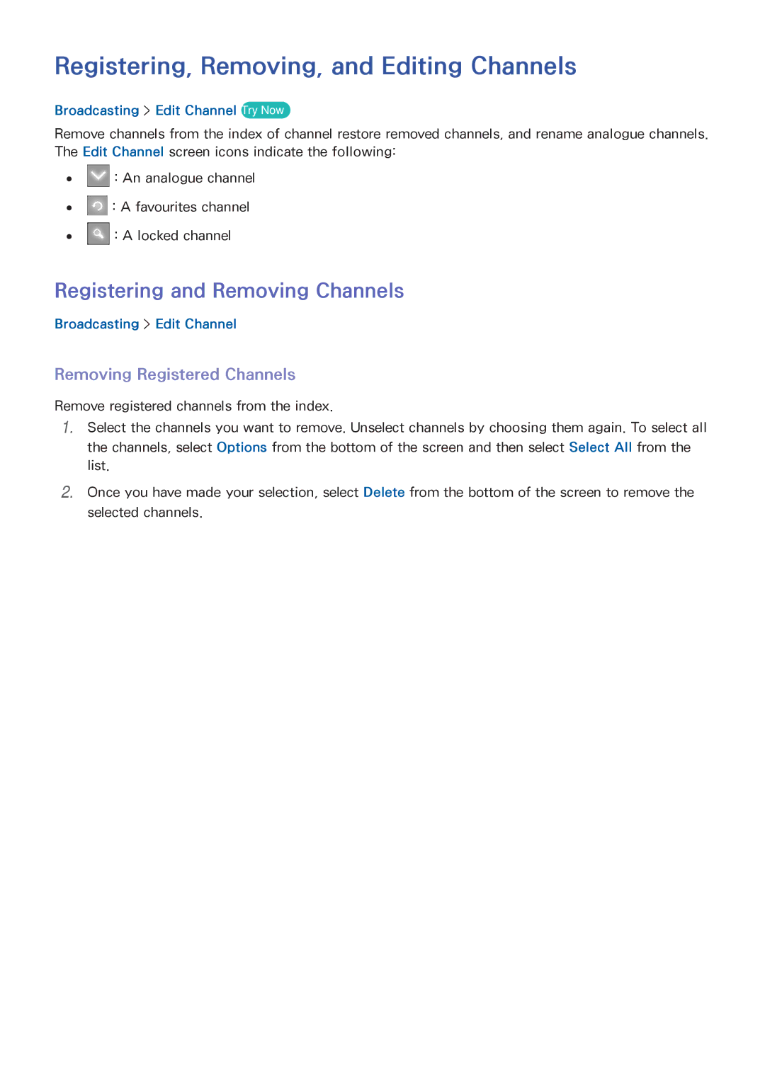 Samsung UA65HU9000WXSQ, UA65HU9000KXXV manual Registering, Removing, and Editing Channels, Registering and Removing Channels 