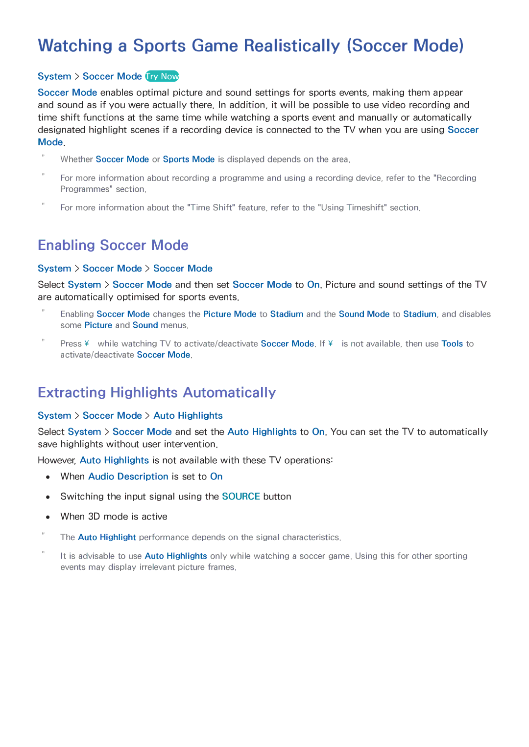 Samsung UA65HU9000WXSQ, UA65HU9000KXXV manual Watching a Sports Game Realistically Soccer Mode, Enabling Soccer Mode 