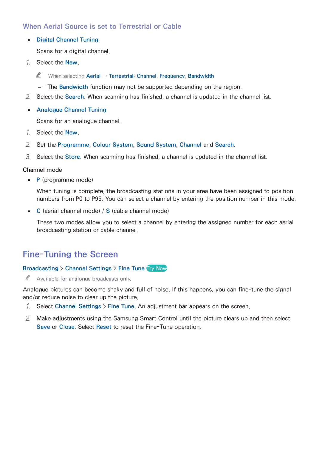 Samsung UA55HU9000KXXV Fine-Tuning the Screen, When Aerial Source is set to Terrestrial or Cable, Digital Channel Tuning 