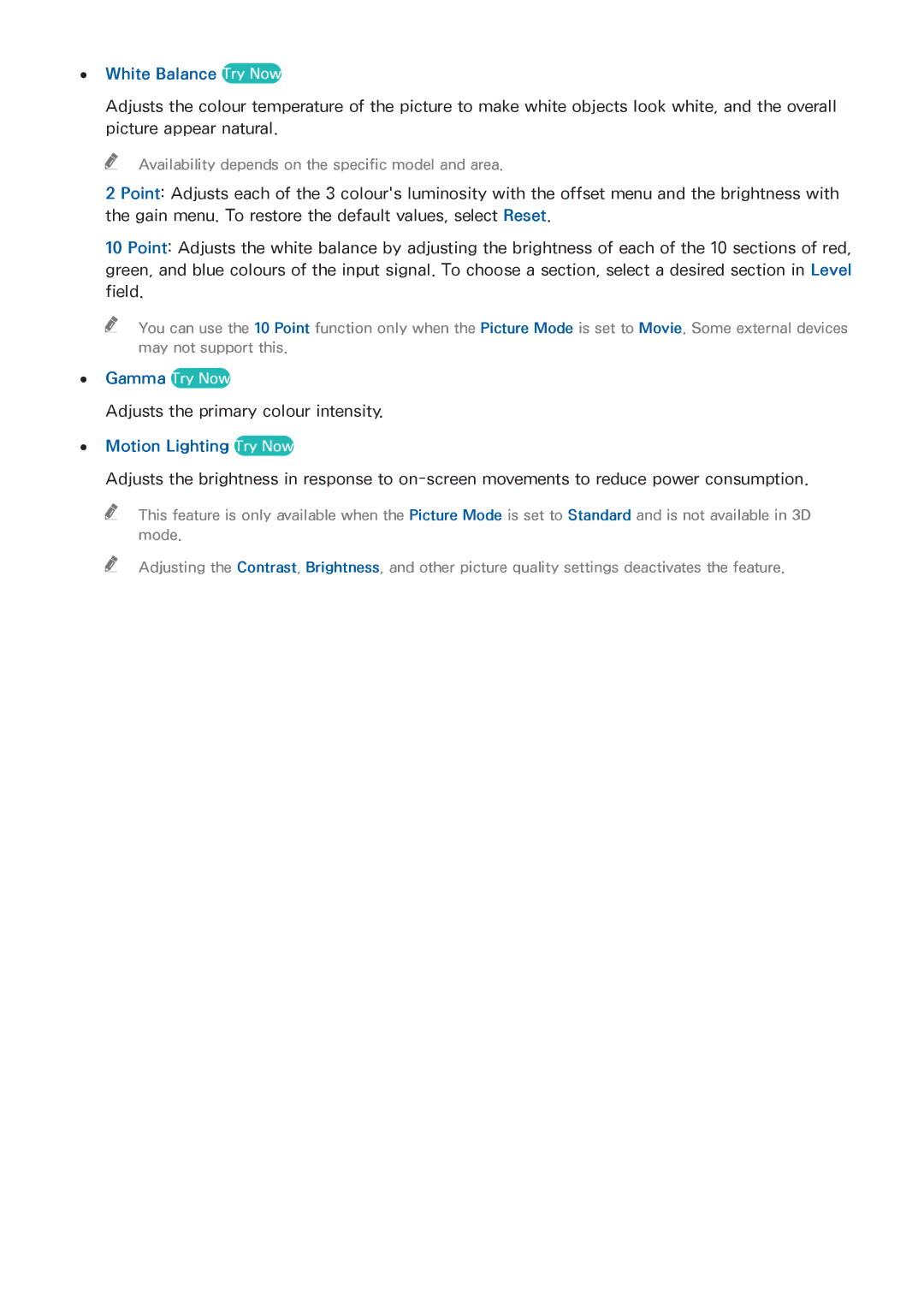 Samsung UA65HU9000KXXV, UA55HU9000KXXV, UA78HU9000KXXV, UA55HU9000WXSQ manual White Balance Try Now, Motion Lighting Try Now 