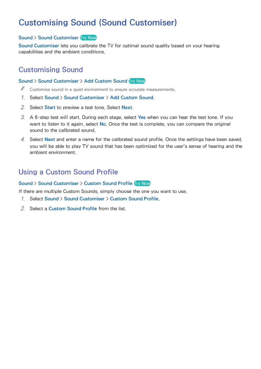 Samsung UA65HU9000WXSQ, UA65HU9000KXXV, UA55HU9000KXXV Customising Sound Sound Customiser, Using a Custom Sound Profile 