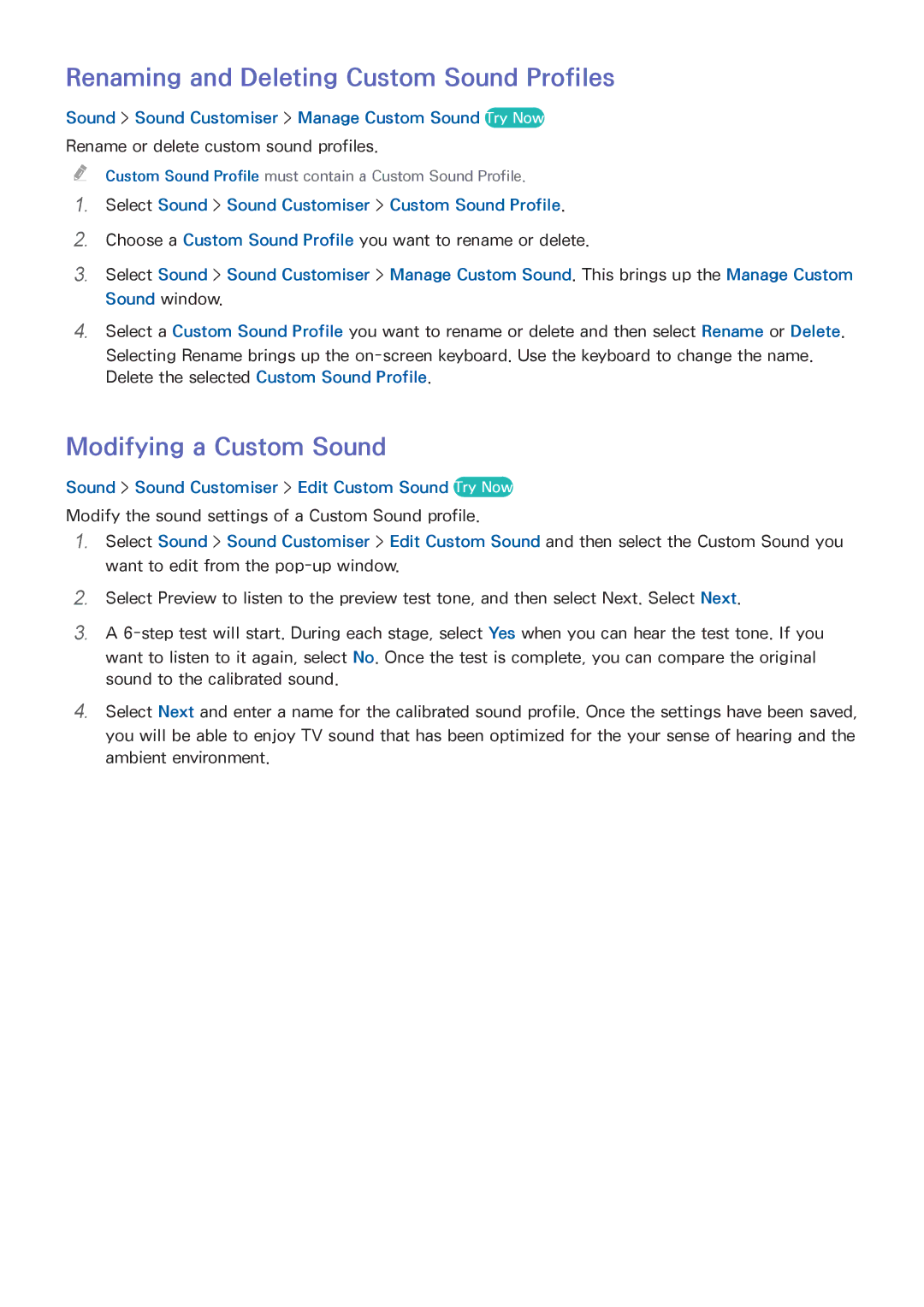 Samsung UA65HU9000KXXV, UA55HU9000KXXV manual Renaming and Deleting Custom Sound Profiles, Modifying a Custom Sound 