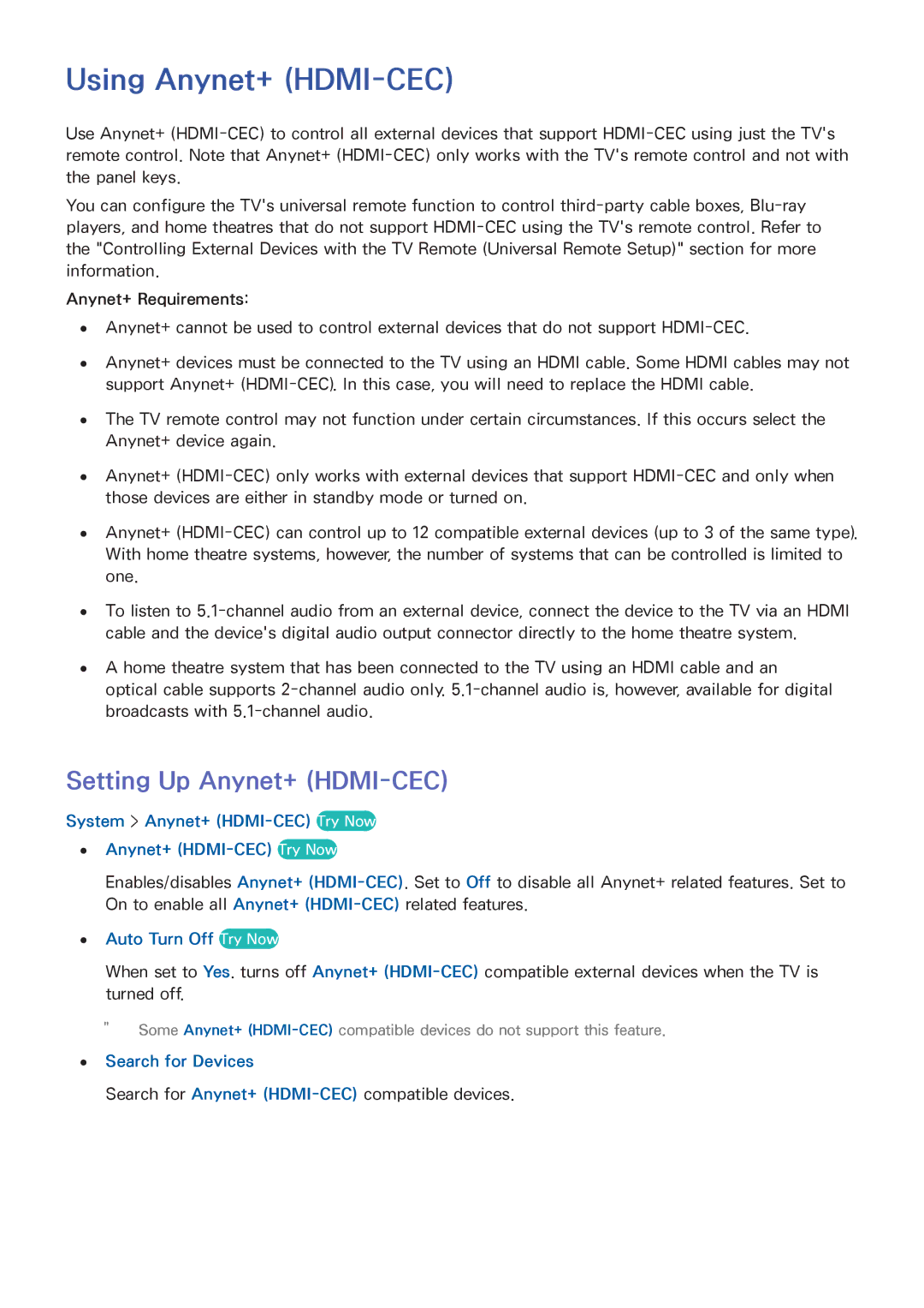 Samsung UA78HU9000KXXV manual Using Anynet+ HDMI-CEC, Setting Up Anynet+ HDMI-CEC, System Anynet+ HDMI-CEC Try Now 