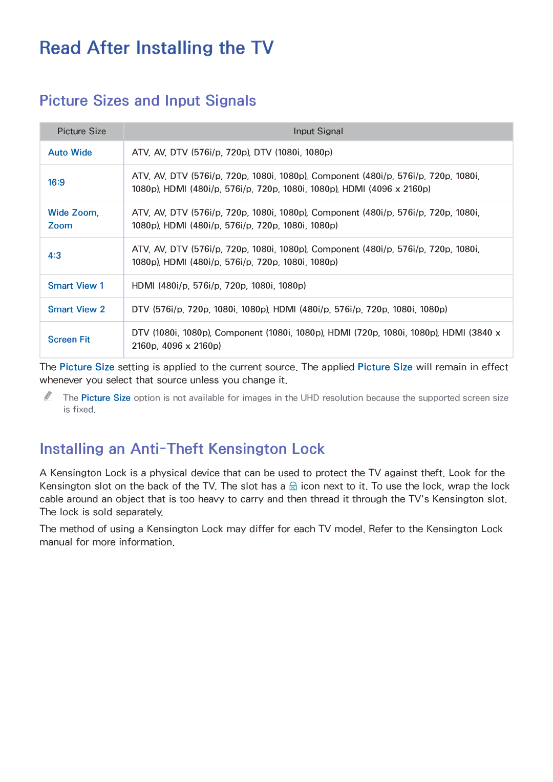 Samsung UA78HU9000WXSQ, UA65HU9000KXXV, UA55HU9000KXXV manual Read After Installing the TV, Picture Sizes and Input Signals 