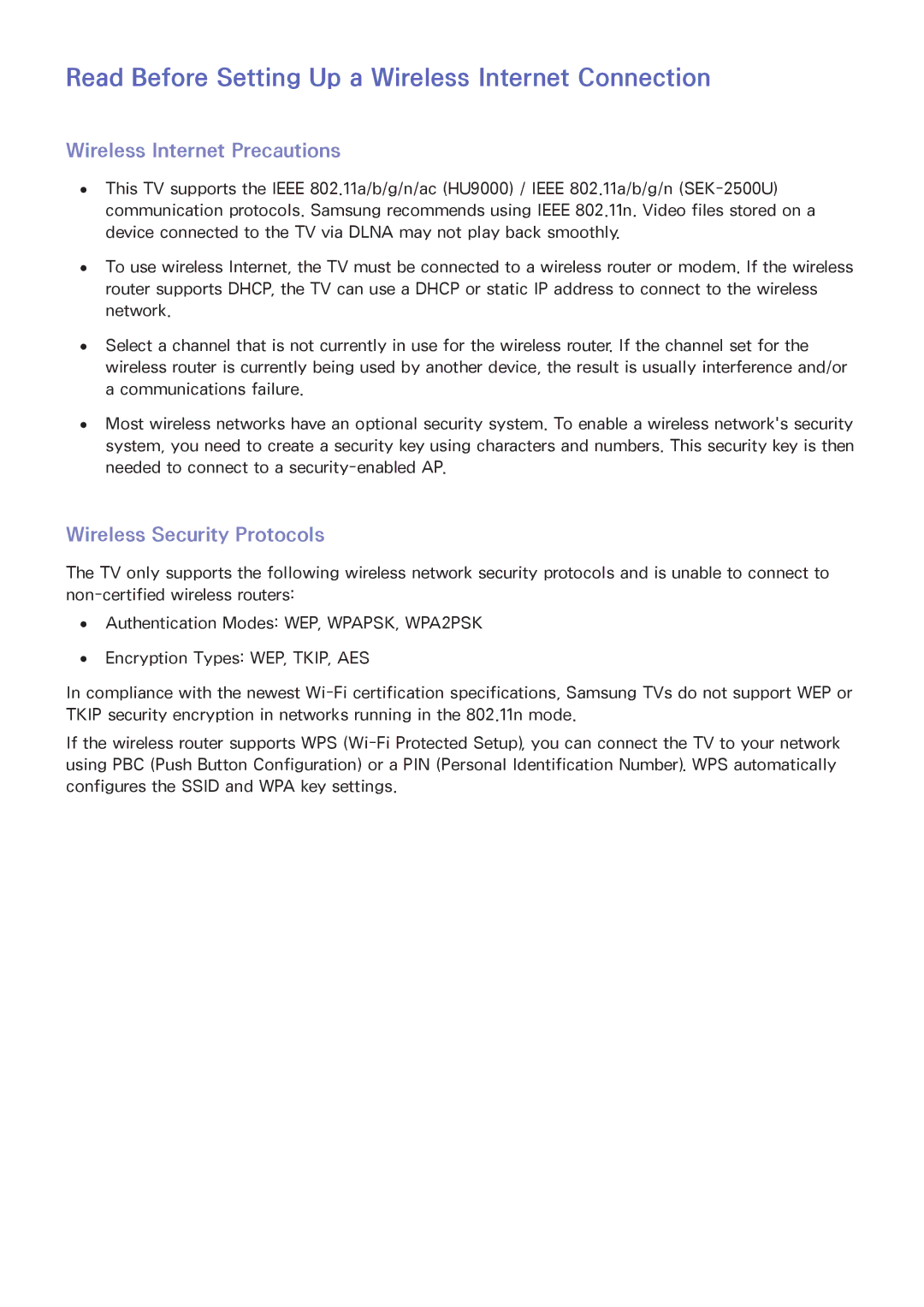 Samsung UA65HU9000WXSQ manual Read Before Setting Up a Wireless Internet Connection, Wireless Internet Precautions 