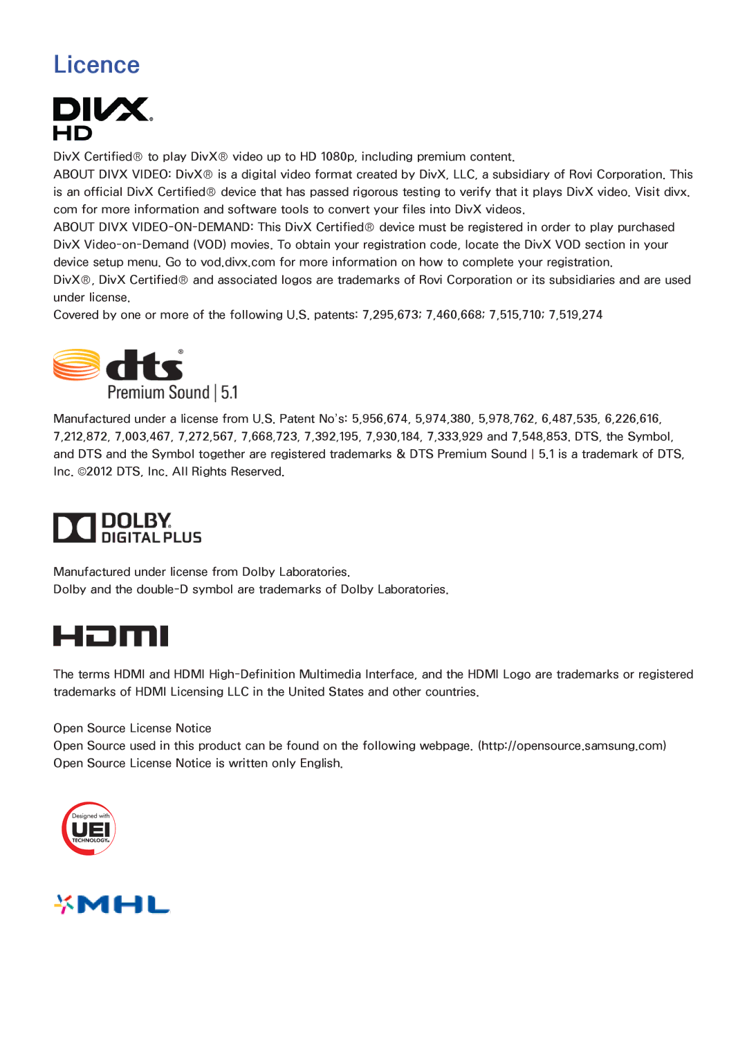 Samsung UA55HU9000WXSQ, UA65HU9000KXXV, UA55HU9000KXXV, UA78HU9000KXXV, UA78HU9000WXSQ, UA65HU9000WXSQ manual Licence 