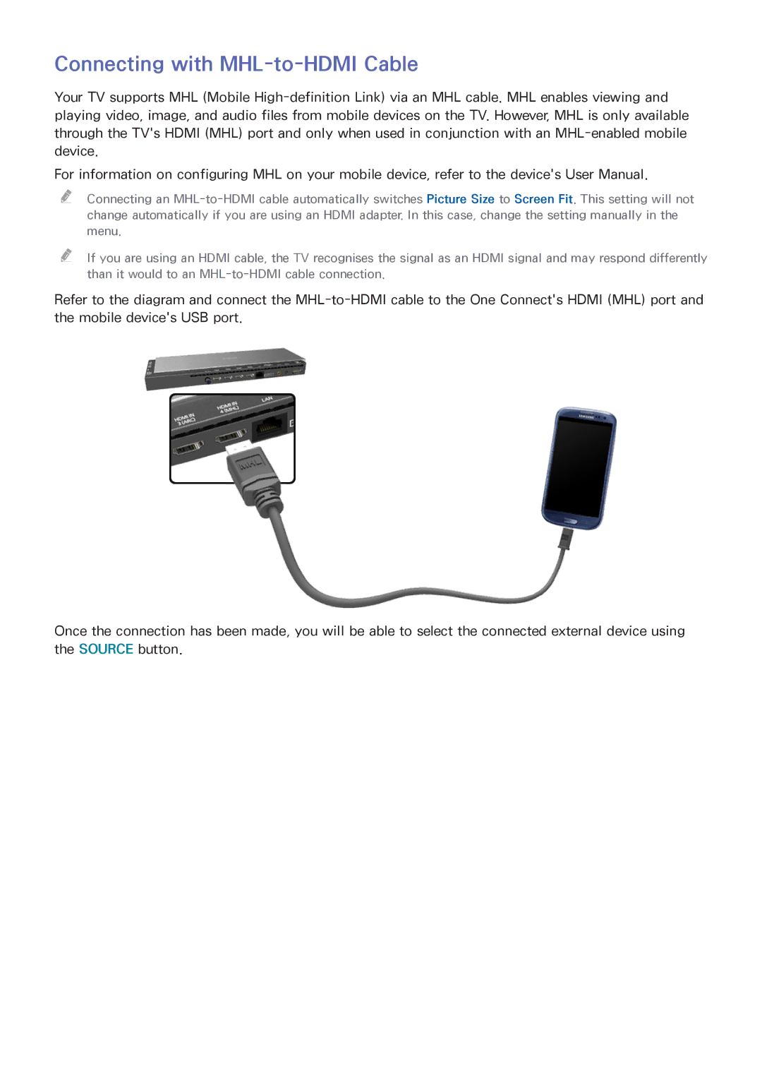 Samsung UA65HU9000KXXV, UA55HU9000KXXV, UA78HU9000KXXV, UA55HU9000WXSQ, UA78HU9000WXSQ manual Connecting with MHL-to-HDMI Cable 