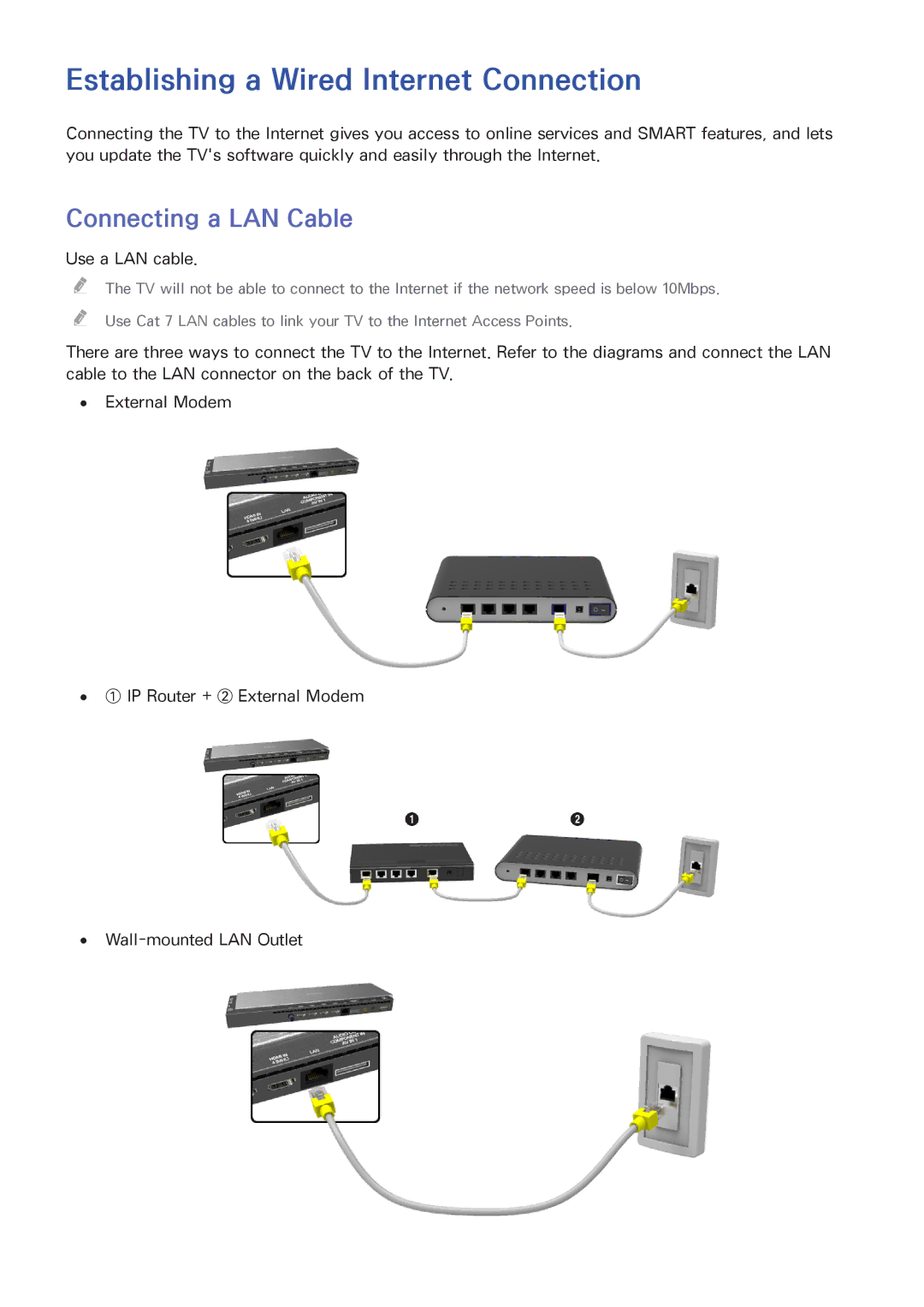 Samsung UA55HU9000KXXV, UA65HU9000KXXV, UA78HU9000KXXV Establishing a Wired Internet Connection, Connecting a LAN Cable 