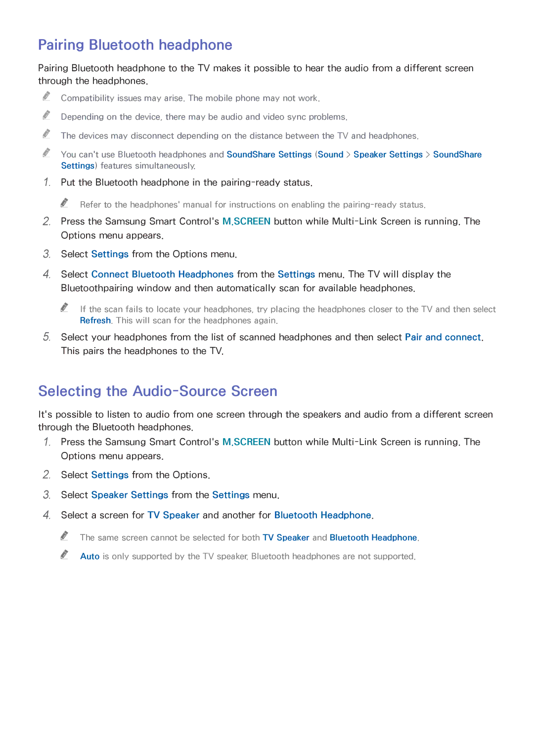 Samsung UA65HU9000WXSQ, UA65HU9000KXXV, UA55HU9000KXXV manual Pairing Bluetooth headphone, Selecting the Audio-Source Screen 