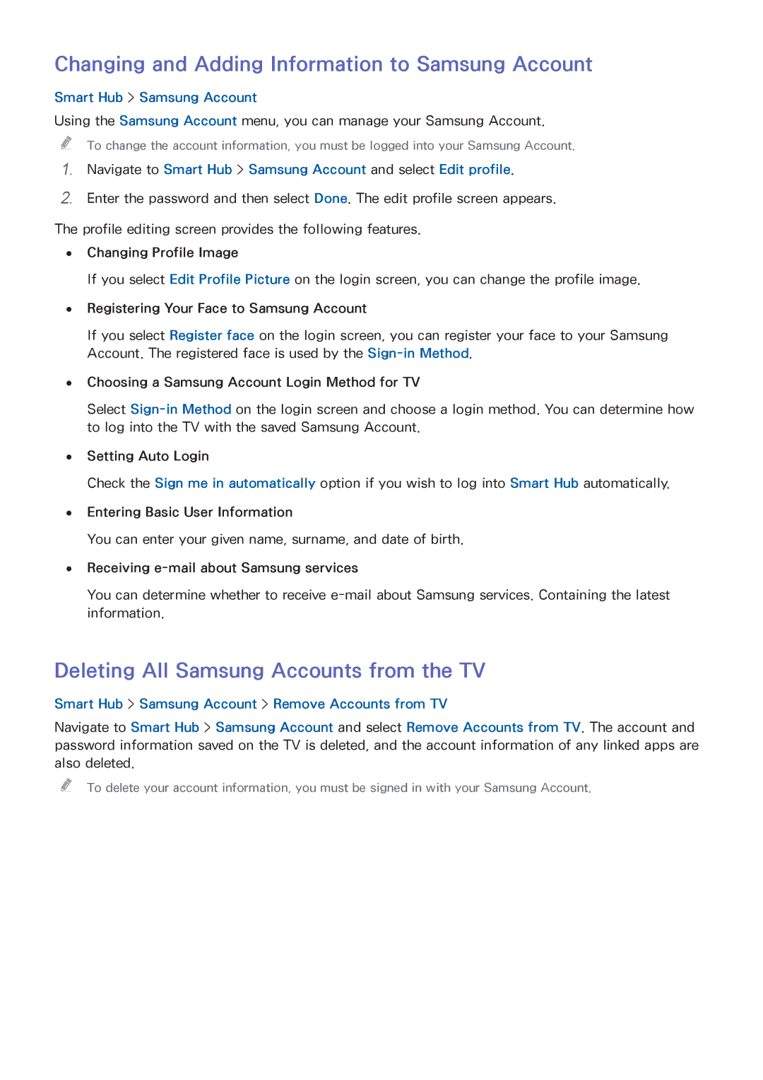 Samsung UA65HU9000KXXV manual Changing and Adding Information to Samsung Account, Deleting All Samsung Accounts from the TV 