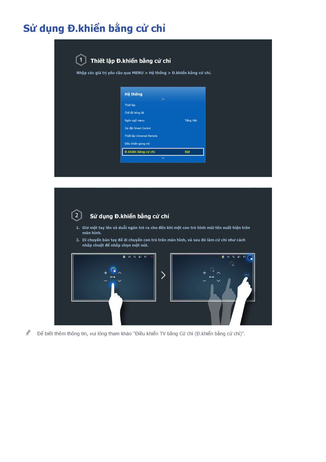 Samsung UA55HU9000KXXV, UA65HU9000KXXV, UA78HU9000KXXV manual Sử dụng Đ.khiển bằng cử chỉ, Thiết lập Đ.khiển bằng cử chỉ 