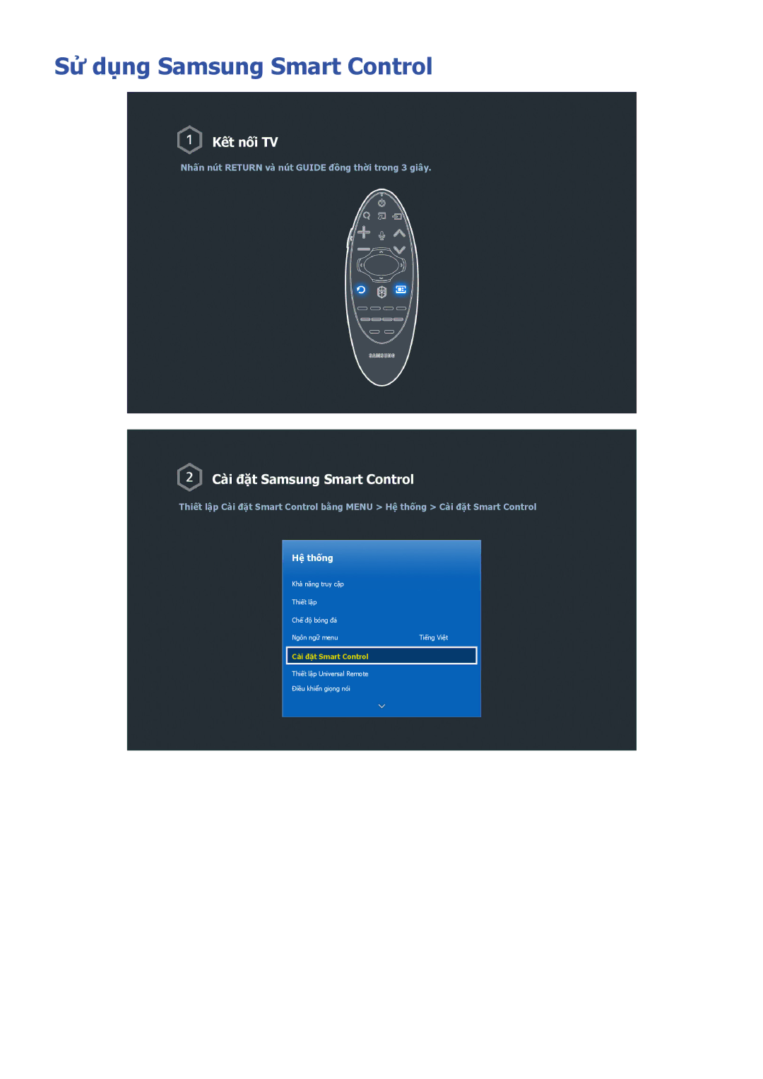 Samsung UA78HU9000KXXV, UA65HU9000KXXV, UA55HU9000KXXV manual Sử dụng Samsung Smart Control, Cài đặt Samsung Smart Control 