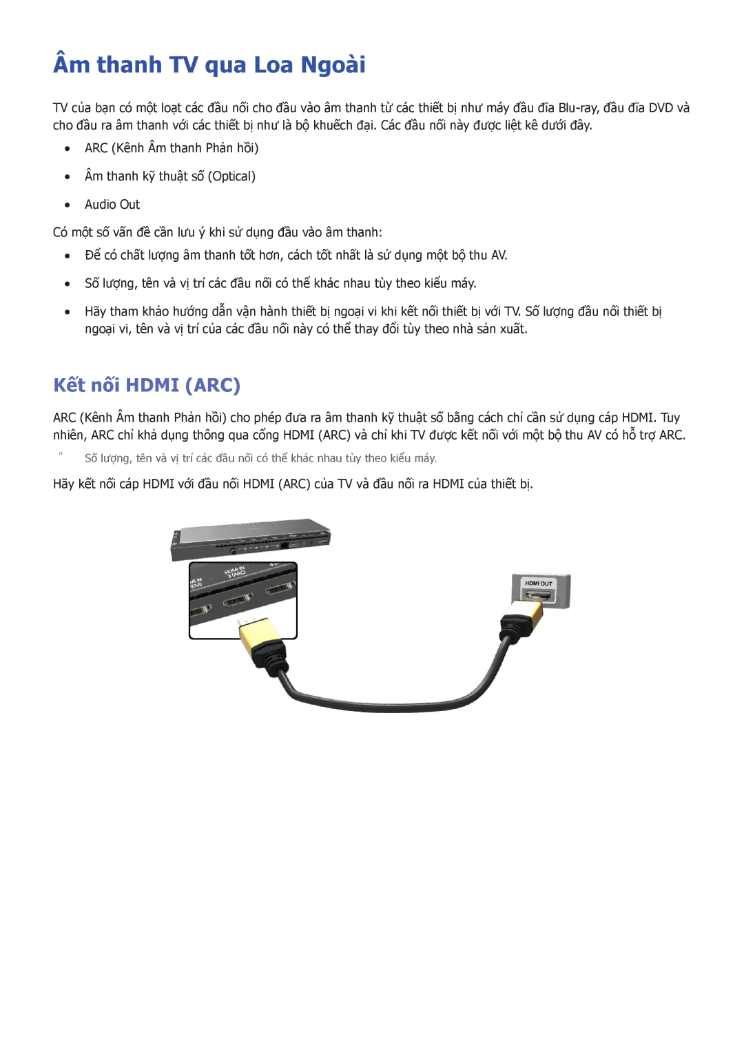 Samsung UA55HU9000KXXV, UA65HU9000KXXV, UA78HU9000KXXV manual Âm thanh TV qua Loa Ngoài, Kết nối Hdmi ARC 