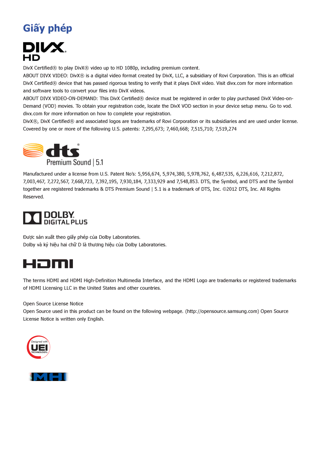 Samsung UA65HU9000KXXV, UA55HU9000KXXV, UA78HU9000KXXV manual Giấy phé́p 