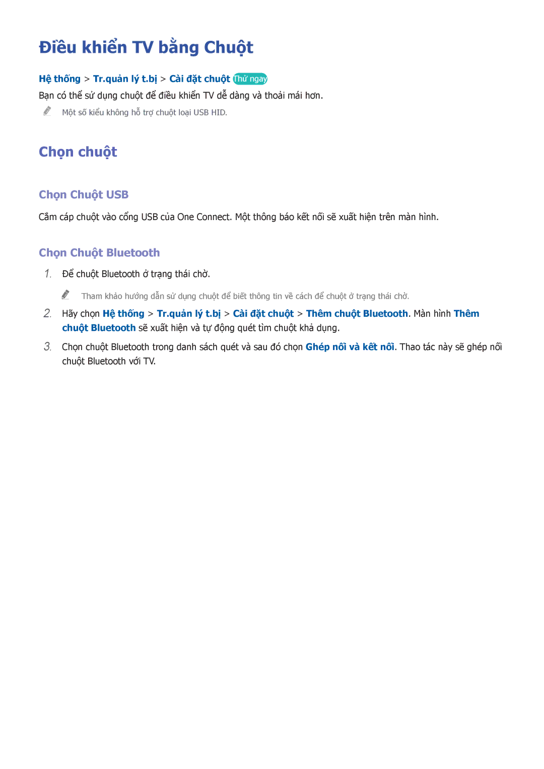 Samsung UA65HU9000KXXV, UA55HU9000KXXV manual Điều khiển TV bằng Chuột, Chọn chuột, Chọn Chuột USB, Chọn Chuột Bluetooth 