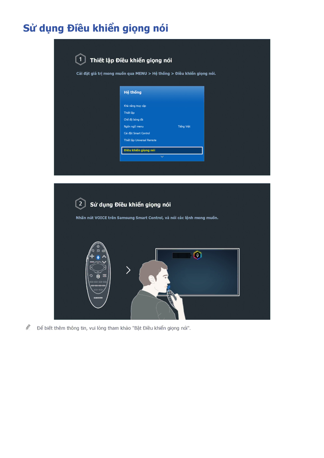 Samsung UA65HU9000KXXV, UA55HU9000KXXV, UA78HU9000KXXV manual Sử dụng Điều khiển giọng nói, Thiết lập Điều khiển giọng nói 