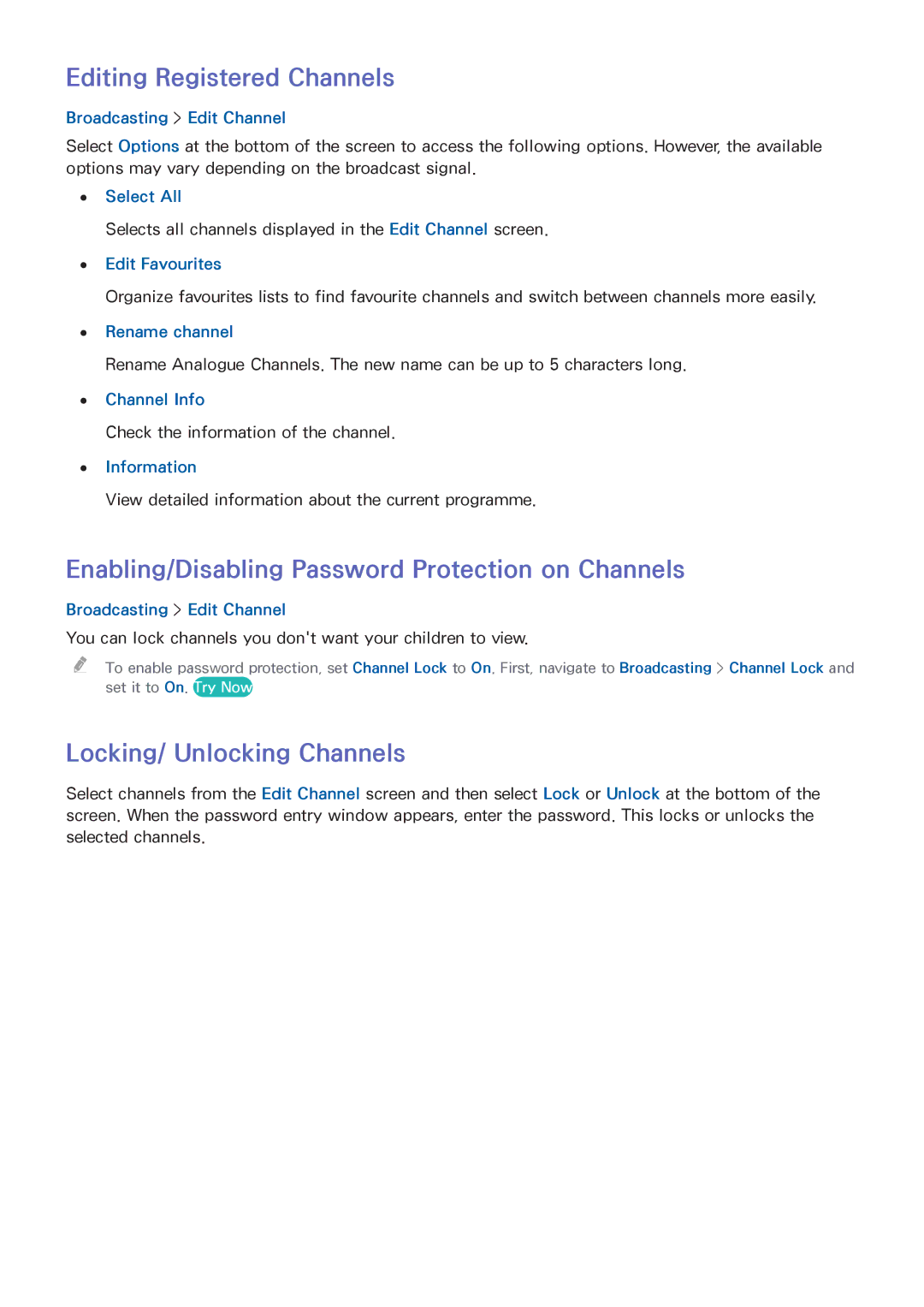 Samsung UA55HU9000RXMM, UA65HU9000RXSK Editing Registered Channels, Enabling/Disabling Password Protection on Channels 